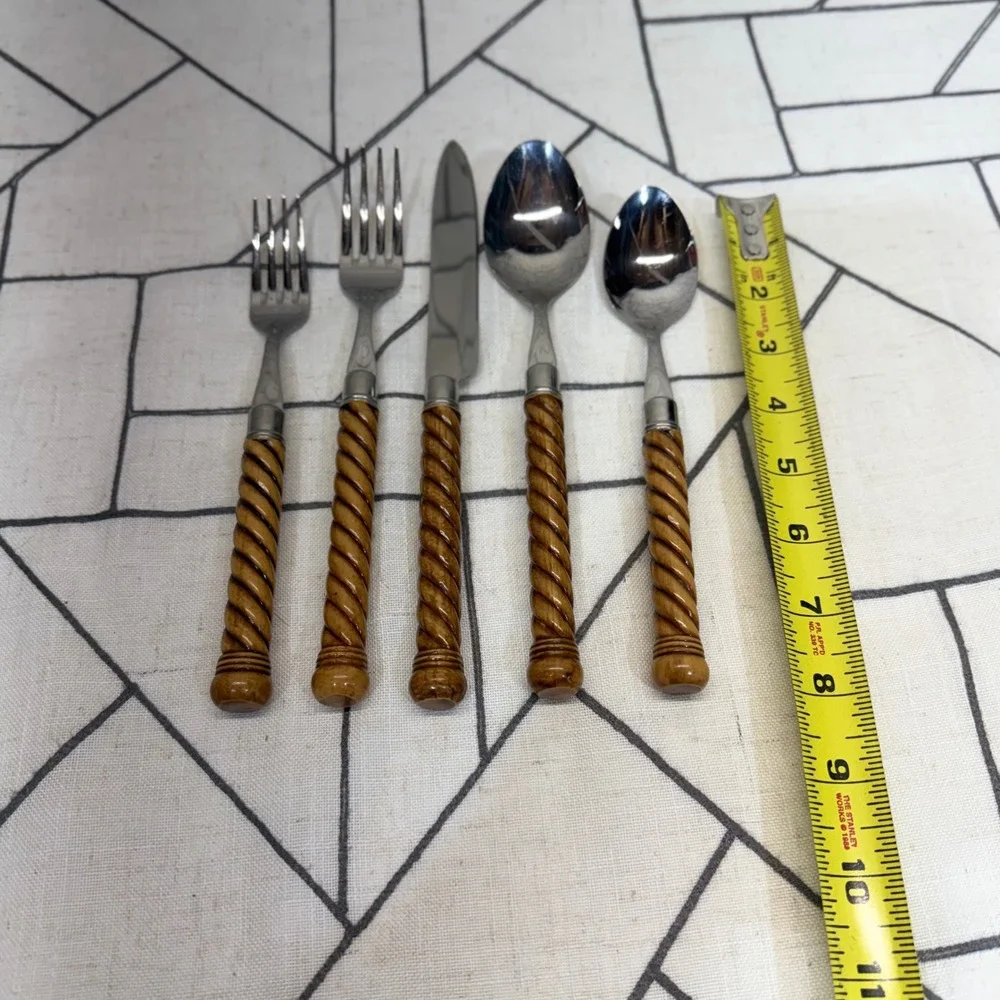 Flatware Set 20pc Brown Faux Wood Rope Twist Handle Stainless Service 4 no Brand